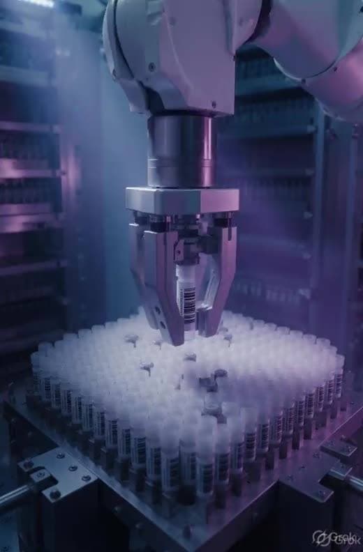 A robotic arm placing a barcoded vial into a storage rack