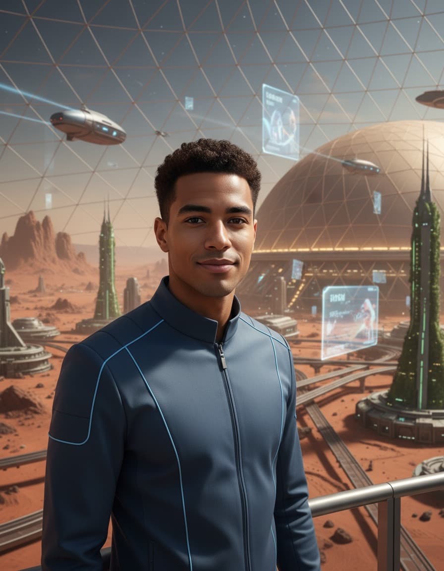 A descendant in 2080 at the rail of a glass dome colony on Mars, smiling at the camera