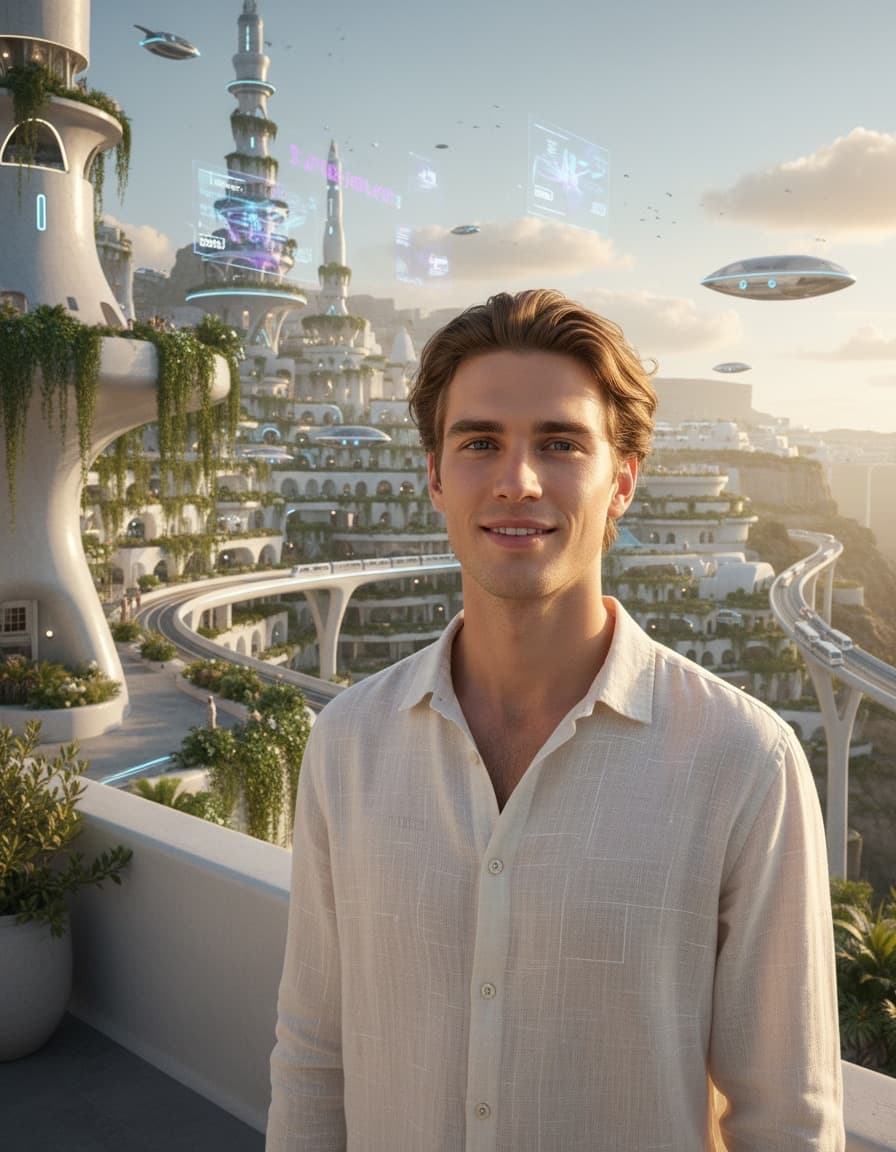 A descendant on a terrace above a future Santorini, air taxis over the caldera