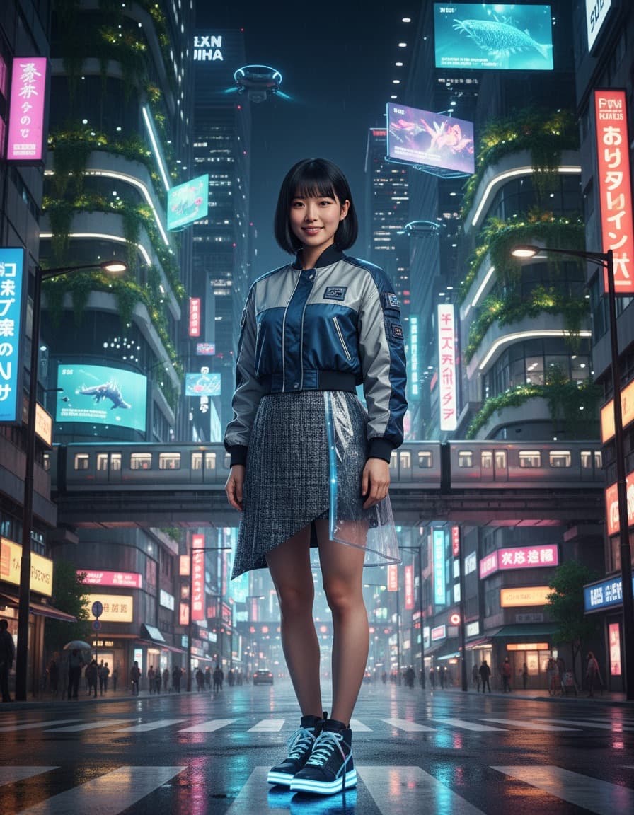 A descendant on a neon street in Tokyo, 2080, smiling at the camera