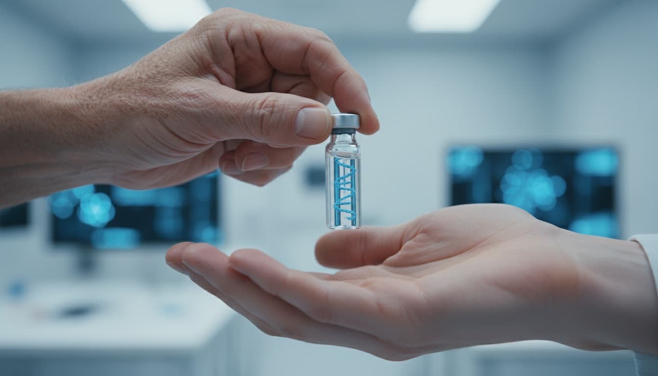 Two hands, one older and one young, passing a sealed DNA sample vial