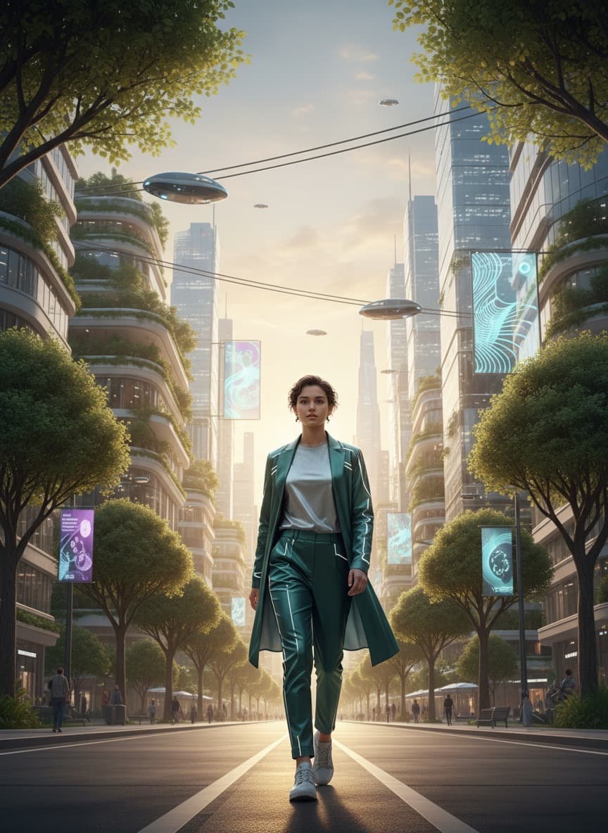 A grown descendant walking down a tree-lined boulevard in a 2080 city, air taxis overhead