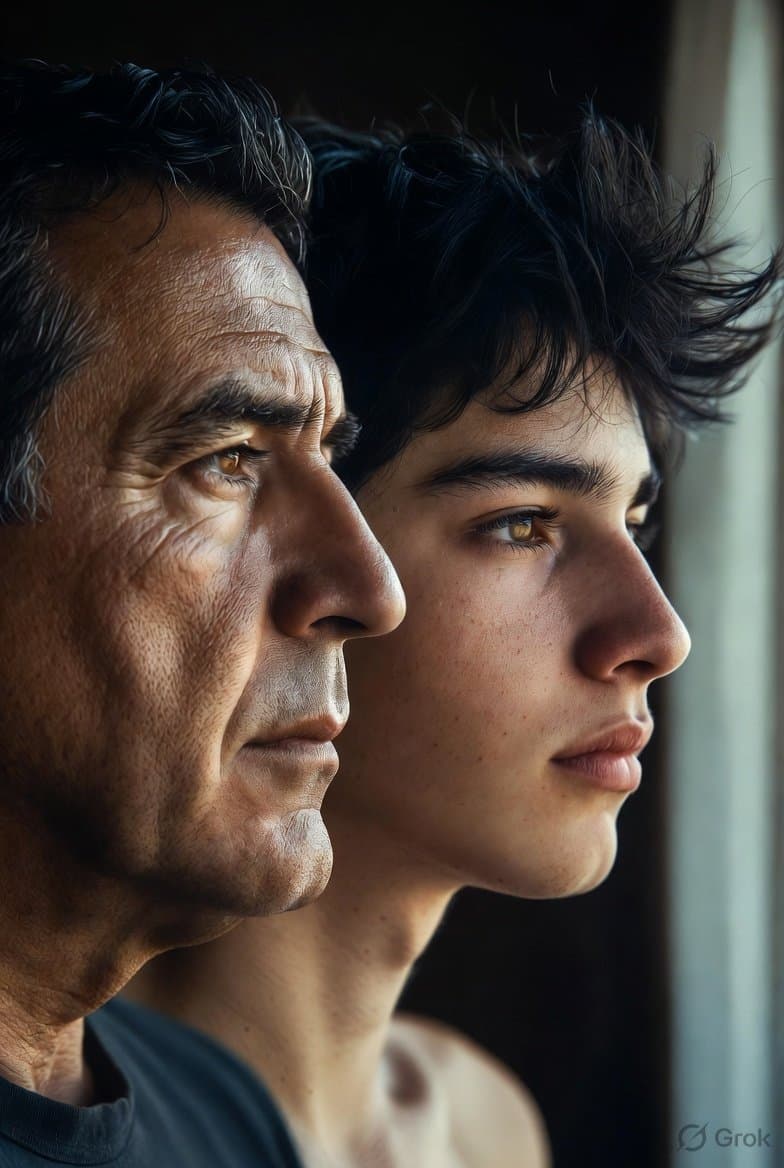 A father and his son in profile, lit from one window